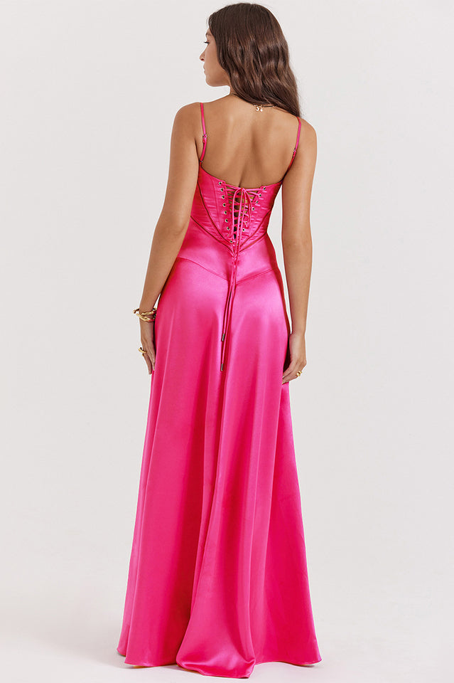 Satin Corset Spaghetti Strap Square Neck Maxi Gown
