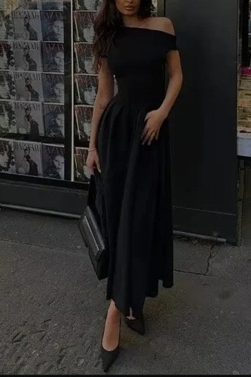 Elegant Asymmetric Shoulder Pleated Swing Maxi Dress