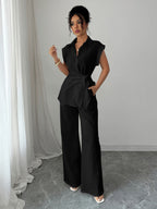 Lapel Sleeveless Kink Shirts Wide-leg Pants Business Suit 2-piece Sets