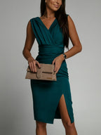 V-neck Sleeveless High-waisted Slit Dress Pleated Solid Color Short Dress