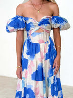 Printed Puff Sleeve Sweetheart Collar Vacation Maxi Dresses