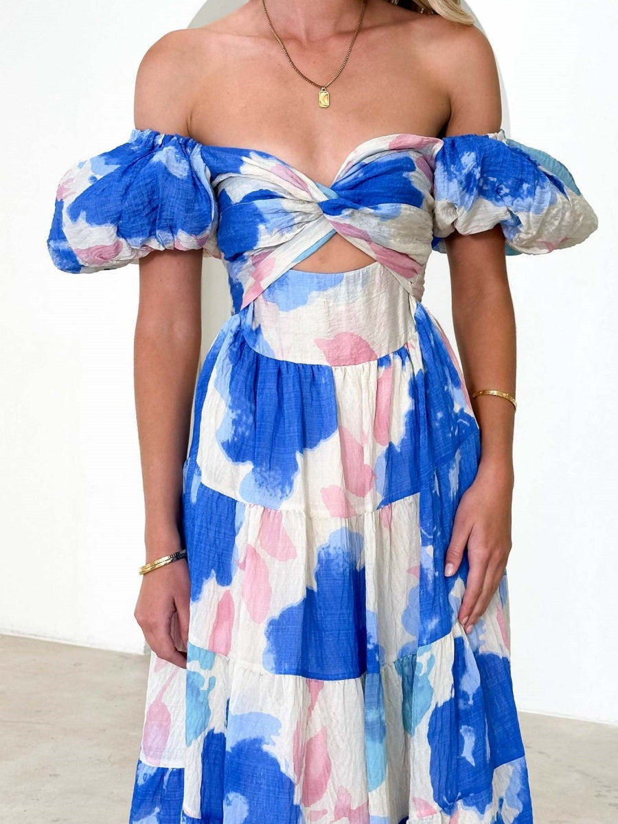 Printed Puff Sleeve Sweetheart Collar Vacation Maxi Dresses
