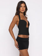 Hollow-out Bralette With Underwire, Tight-fitting Solid Color Halter Neck Double-layer Vest