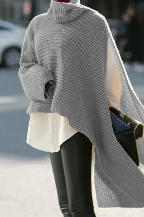 Turtleneck Asymmetric Slit Sleeve Ribbed Knit Sweater