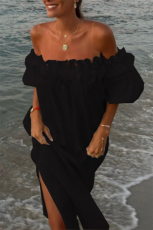 Off Shoulder Ruffle Trim Slit Cotton Linen Maxi Vacation Dress