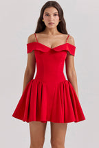 Off Shoulder Foldover Collar Spaghetti Strap Pleated Fit and Flare Mini Dress