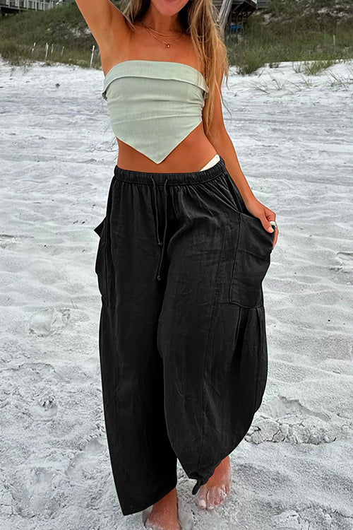 Drawstring Waist Pockets Wide Leg Cotton Linen Pants