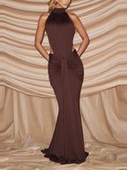 Turtleneck Gathering Hollow Backless Temperament Banquet Maxi Dresses