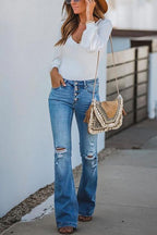 Flare Bottoms Ripped Buttons Jeans