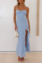 Adjustable Strap Ruffle High Slit Maxi Dress
