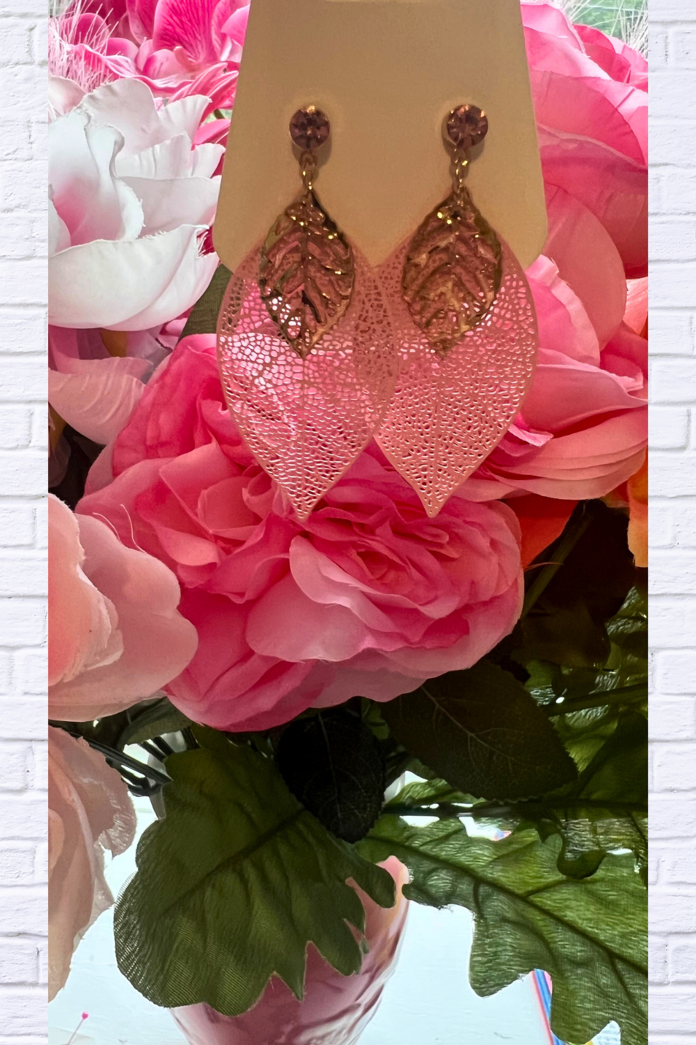 Pink & Gold Leaf Drop Earrings _ Nature-Inspired Elegance