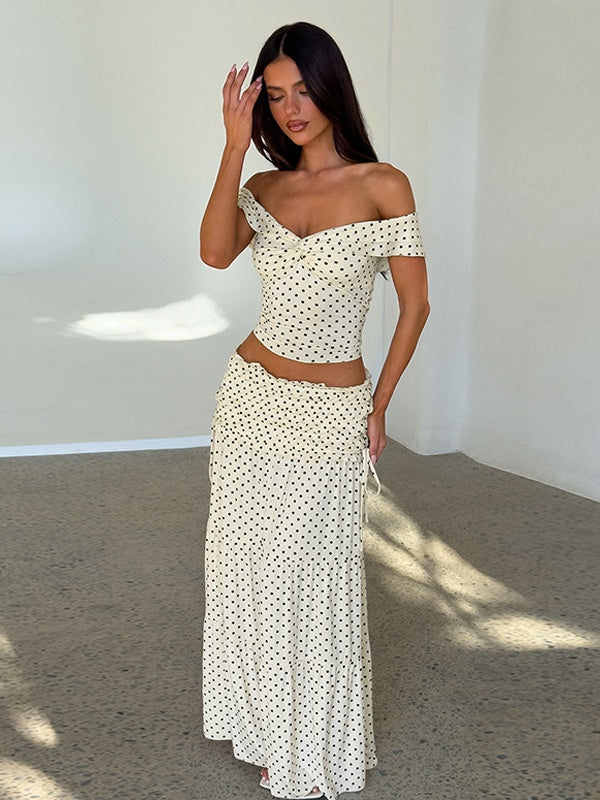 Two-piece Set: Raglan Strapless Top With Polka Dot Side Bow And Long Skirt