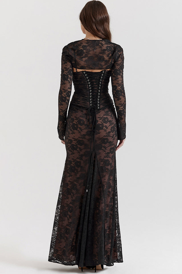 Square Neck Floral Lace Horizontal Ruching Long Sleeve Maxi Gown