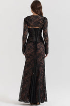 Square Neck Floral Lace Horizontal Ruching Long Sleeve Maxi Gown