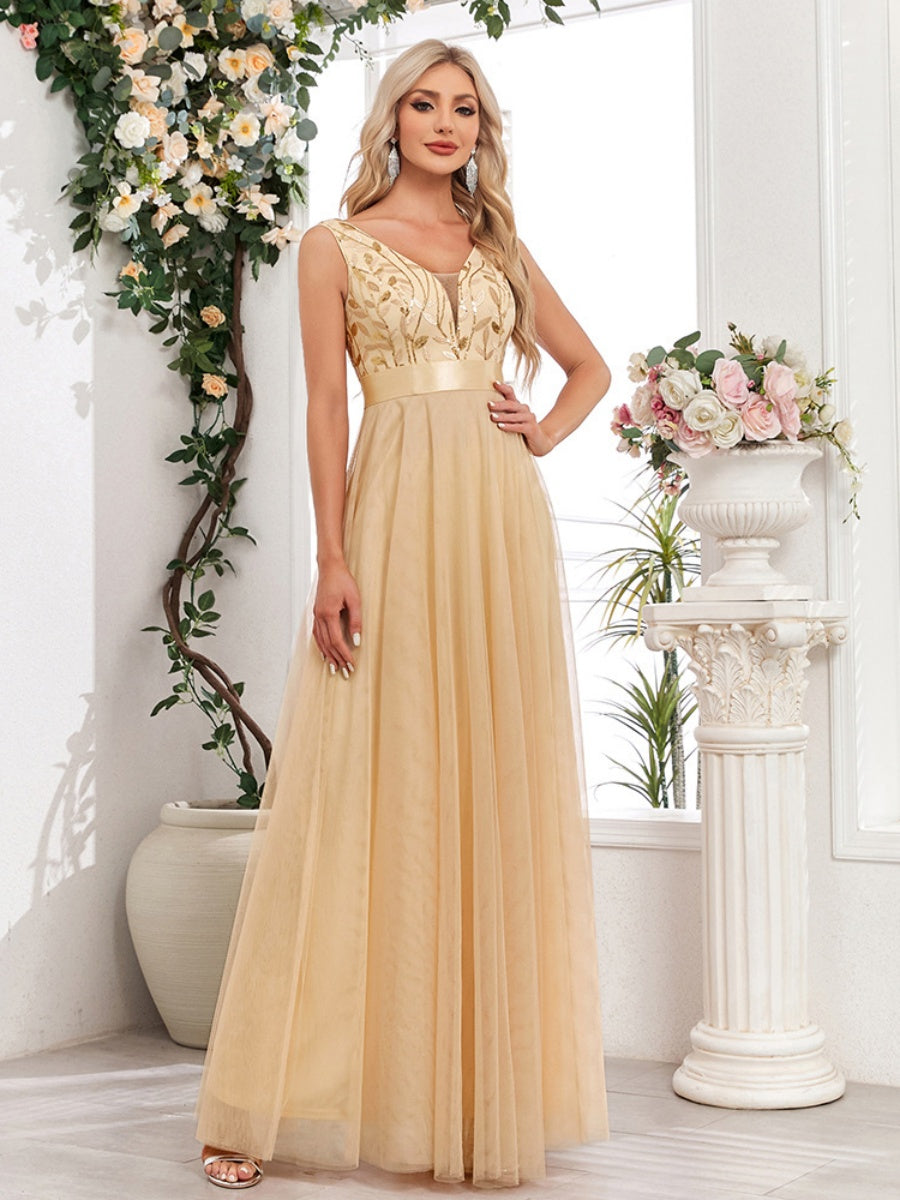 V-neck Embroidery Sequins Elegant Gauze Formal Dress Maxi Dresses