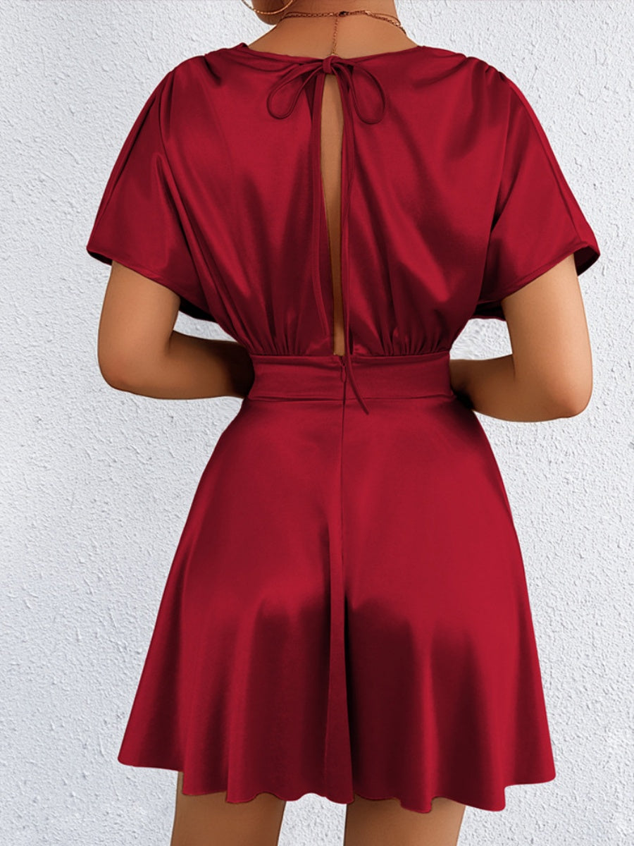 V-neck, Fitted Waist, Zippered, Glossy Short Dress