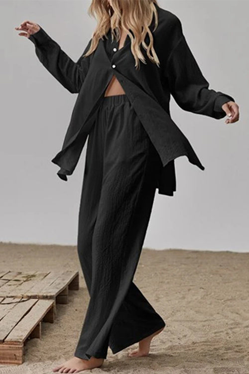 Long Sleeves Side Slit Blouse Shirt Elastic Waist Wide Leg Pants Set