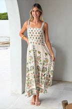 Square Neck Lace Trim Empire Waist Geometric Floral Border Maxi Dress