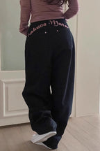 Black Embroidery Letter Print High Waist Jeans