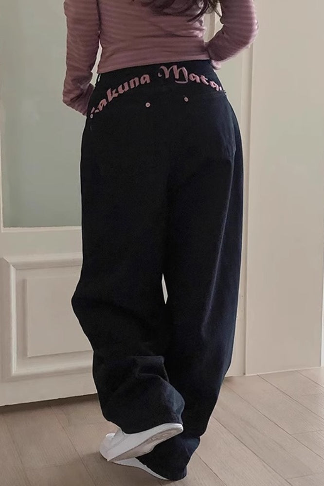 Black Embroidery Letter Print High Waist Jeans