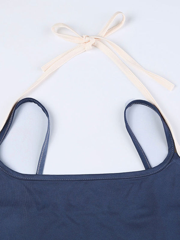 Vintage Blue Contrast Color Mock Two-Piece Camisole