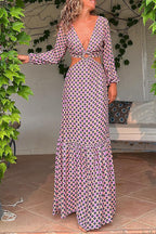 Geometric Print Deep V-Neck Balloon Sleeve O-Ring Waist Cut Out Maxi Dress