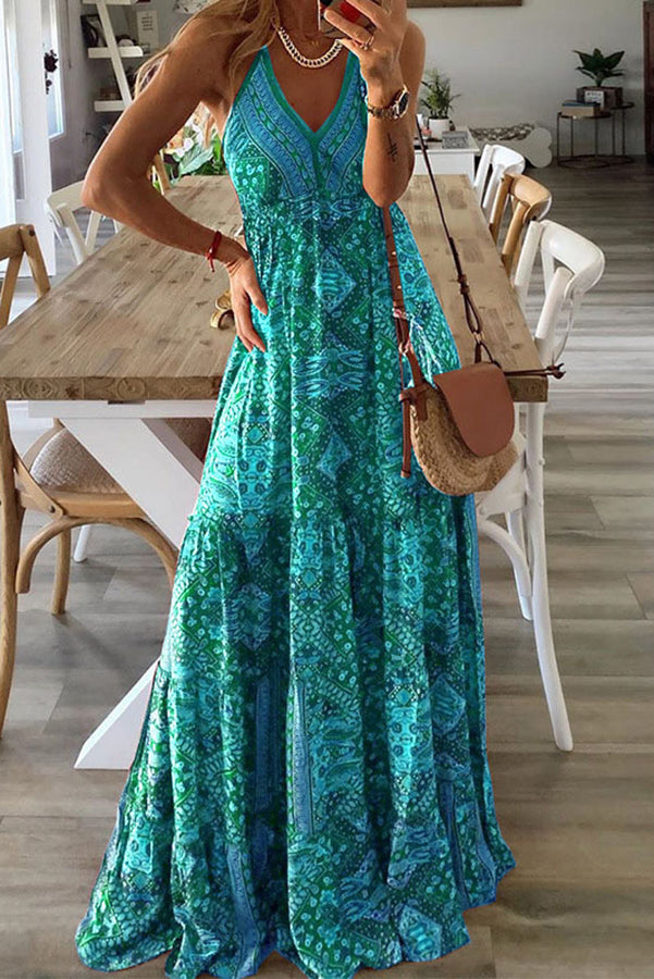 Paisley Print Deep V-Neck Spaghetti Strap Empire Waist Tiered Maxi Dress