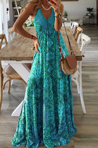 Paisley Print Deep V-Neck Spaghetti Strap Empire Waist Tiered Maxi Dress