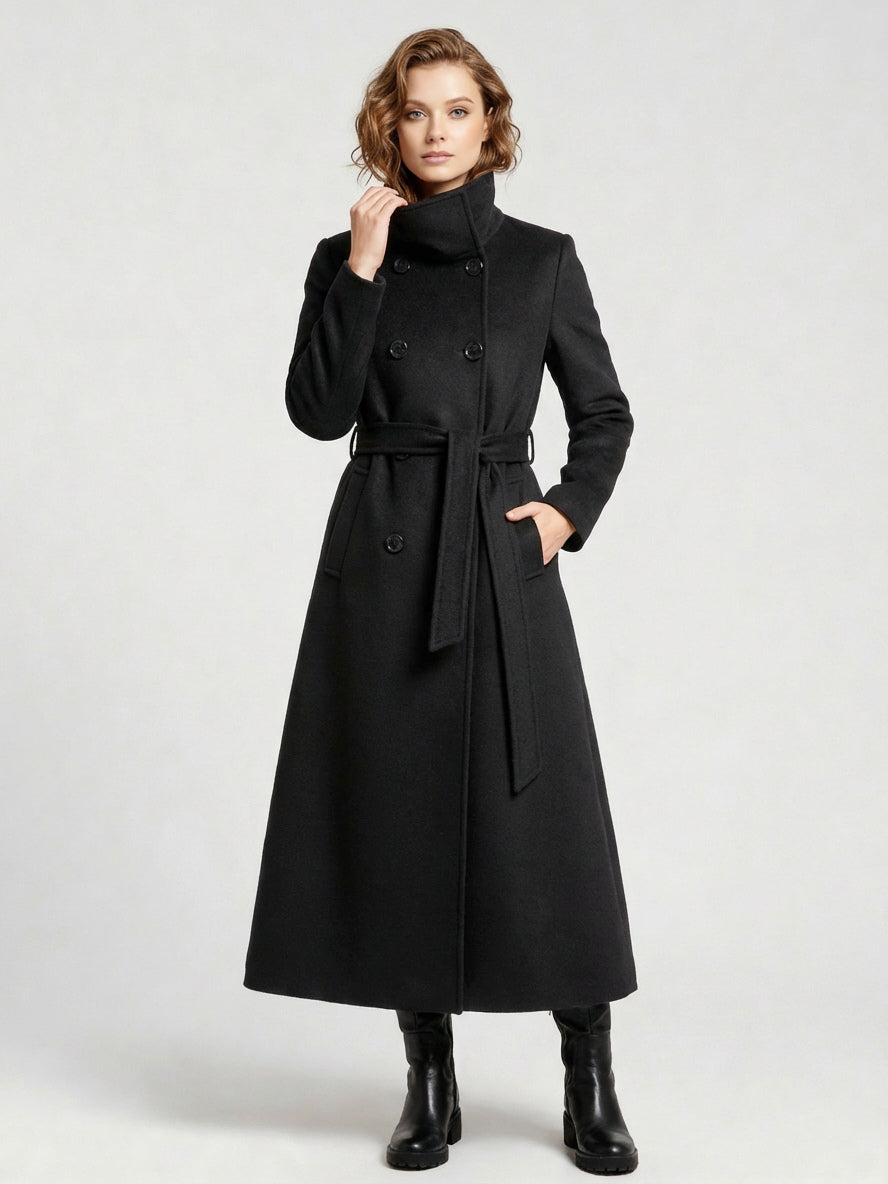 Belted Long Woolen coat with Double-breasted and high collar For Women 2026