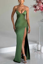 Satin Deep V-Neck Spaghetti Strap High Slit Column Maxi Dress