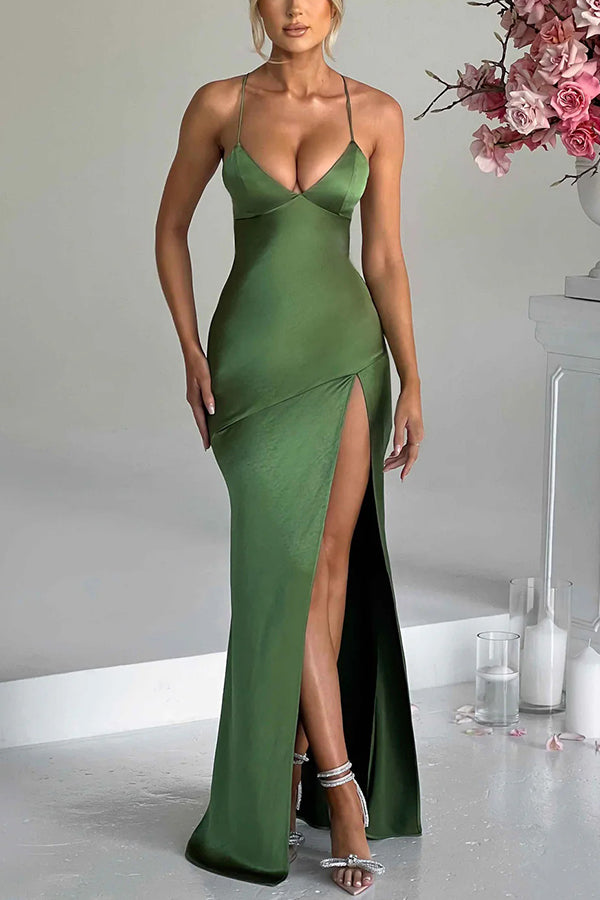 Satin Deep V-Neck Spaghetti Strap High Slit Column Maxi Dress