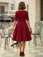 Vintage 1950s Swing Cocktail Dress for Women - V Neck Short Sleeve A-Line Ruched Bust Rockabilly Midi Gown - Wedding Guest 2026