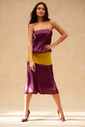 Satin Strapless Color Block Waistband A-Line Midi Dress