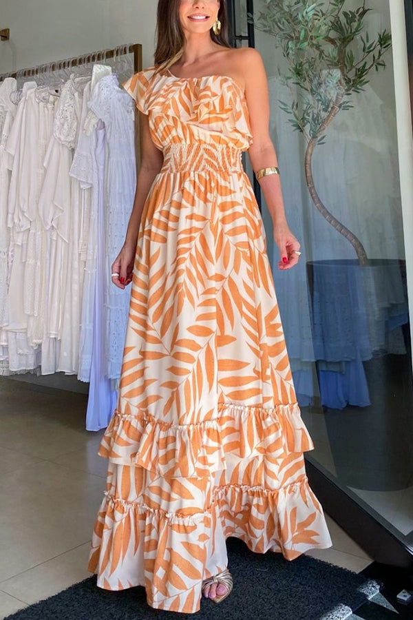 Tropical Leaf Print Off Shoulder Smocked Waist Tiered Maxi Dress