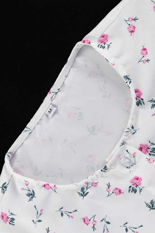White Long Sleeve Ruffle Trim Detachable Belt Mini Floral Print Dress