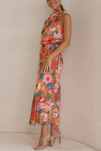 Cowl Neck Sleeveless Floral Print Satin Bias Cut Midi Dress
