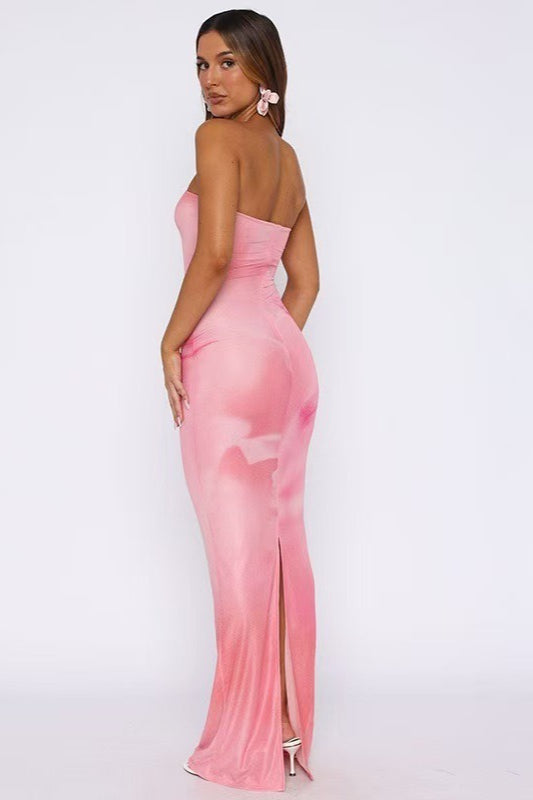 Strapless Large Lily Floral Print Mesh Bodycon Maxi Dress