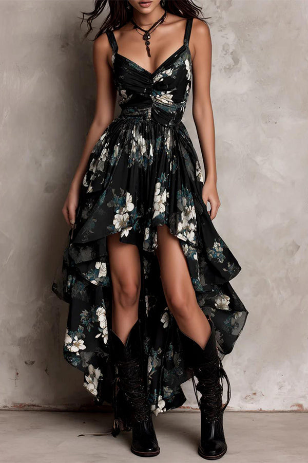 Midnight Wildflower High-Low Ruffle Floral Dress
