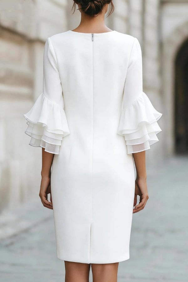 Solid Color Round Neck Ruffle Sleeve Elegant Mini Dress