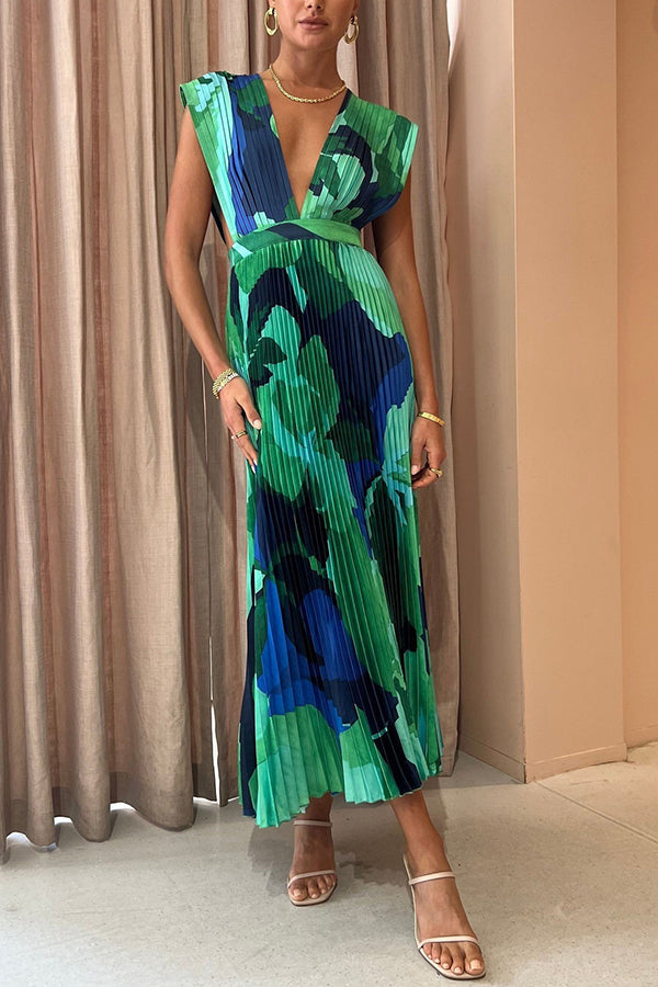 Pleated Deep V-Neck Sleeveless Abstract Floral Print Maxi Dress