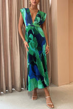 Pleated Deep V-Neck Sleeveless Abstract Floral Print Maxi Dress