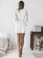 Boho Lace Mini Dress for Women - V Neck Bell Sleeve A Line Skater Dress - Spring Semi-formal Party Wear 2026