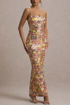 80's Inspired Floral Print Sequin Square Neck Slip Stretch Maxi Dress