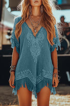 Unique Printed V-Neck Short Sleeve Fringe Loose Mini Dress