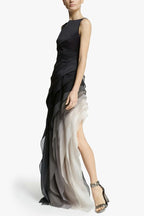 Ombre Gradient Diagonal Tiered Ruffle Column Maxi Gown