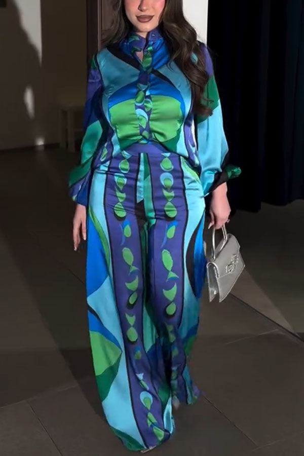 Ellie Satin Unique Print Balloon Sleeve High Low Shirt and Elastic Waist Pocket Loose Pants Set
