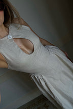 Linen Blend Button Neck Keyhole Cut Out Umbrella Hem A-Line Midi Dress