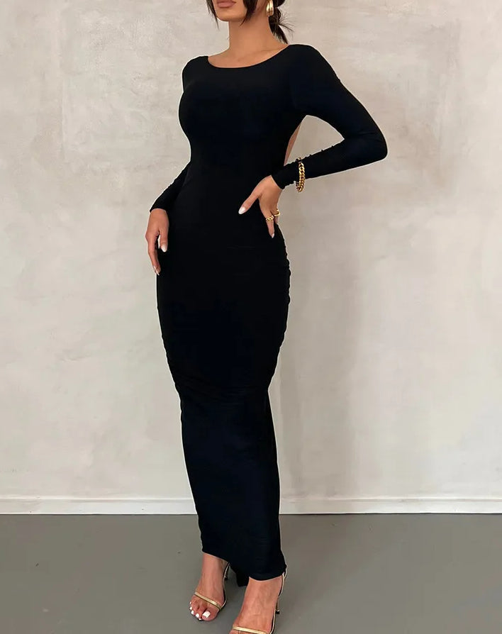 Long Sleeve Plunging Open Back Ruched Bodycon Maxi Dress