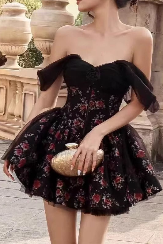 Black Off Shoulder Sweetheart Corset Floral Tulle Overlay Mini Dress