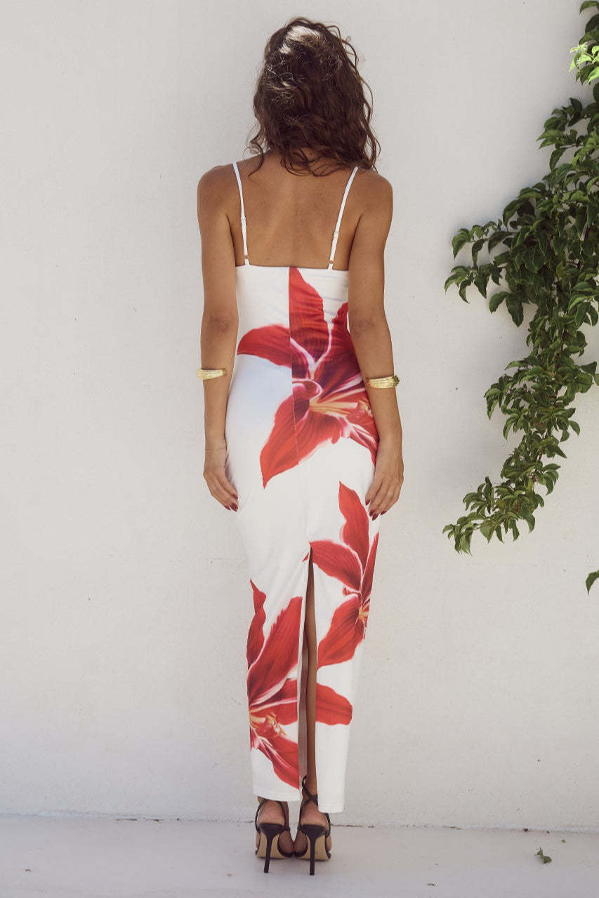 Square Neck Spaghetti Strap Oversized Lily Floral Placement Print Bodycon Maxi Dress